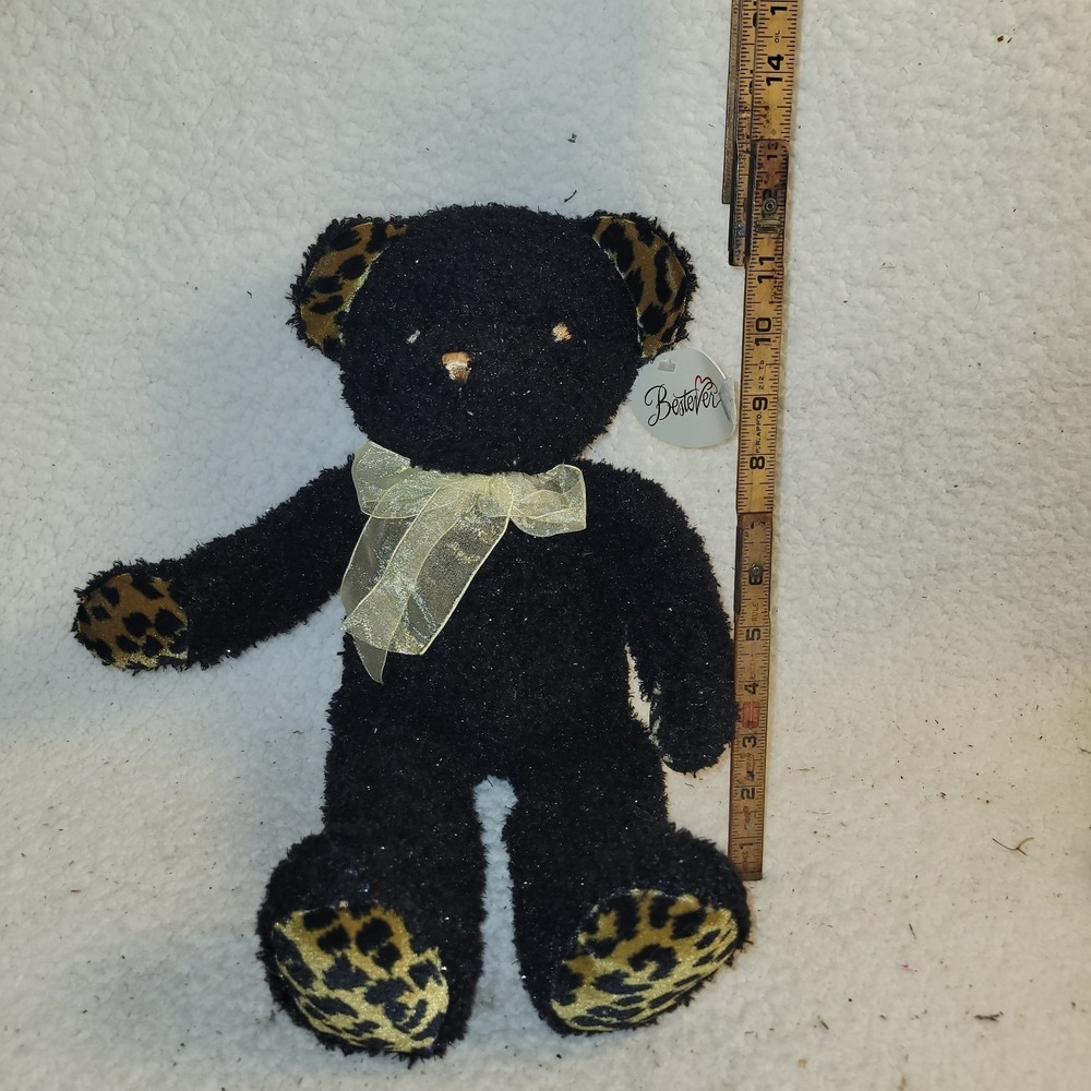 Bestever Black Teddy Bear Plush 13" Gold Leopard Print‎ Bow Stuffed Animal